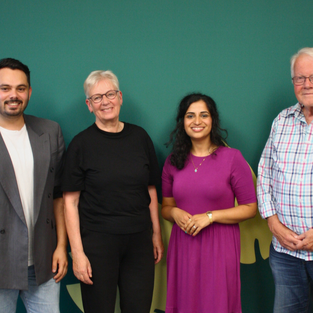 Ali Saker, Maria Klein-Schmeink, Schahina Gambir und Winfried Nachtwei vor einem Grünen Hintergrund