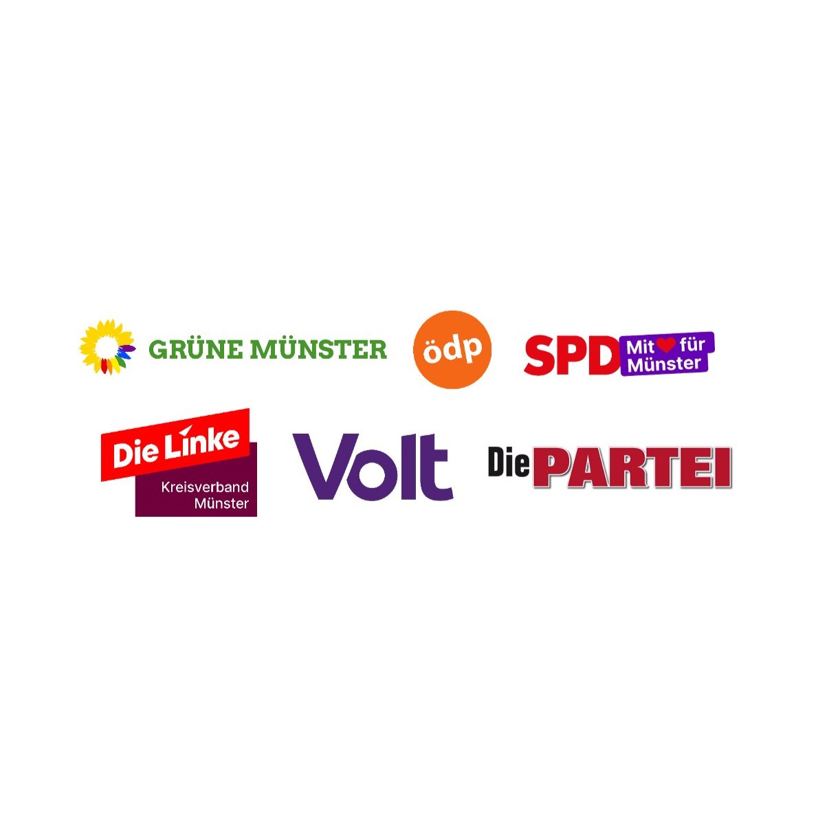 Logos der Parteien Grüne, SPD, Volt, Linke, Die Partei und ÖDP