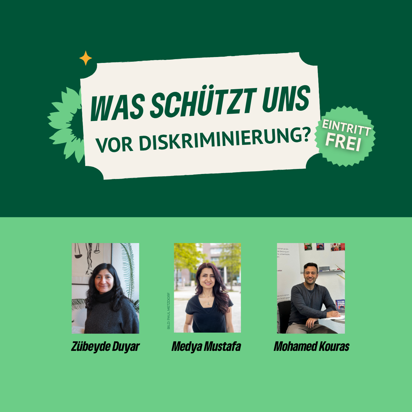 Das Veranstaltungsposter zeigt den Titel der Veransatltung sowie Fotos der drei Debattant*innen